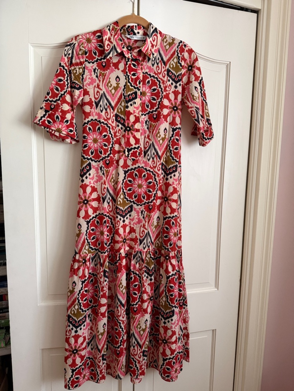 Zara Coral and Navy Floral Print Blouse